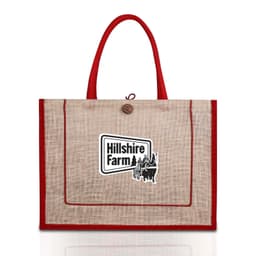 A jute bag with a natural brown body and red handles, featuring a logo on the front and a button closure.