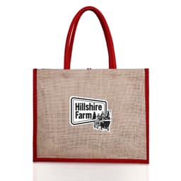 A jute bag in natural and red with a logo. Features two sturdy red handles and a zip closure.