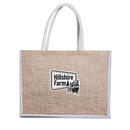 A jute bag in natural and white, featuring handles and a logo on the front.