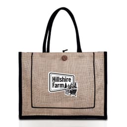 A jute bag in natural and black colours, featuring a logo and a button closure.